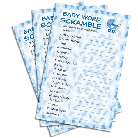 This fun game will give your baby shower party a taste of baby babble! It's a Boy Baby Shower Word Scramble Game - 20 Cards | Baby boy shower, Baby shower wording, Boy ...