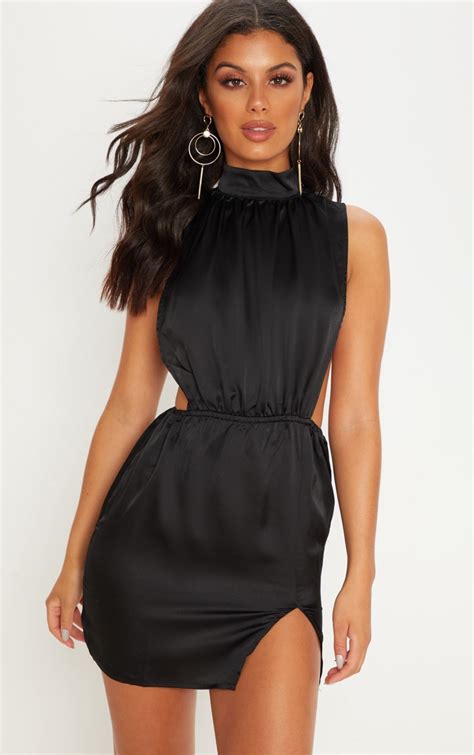 Black Satin High Neck Side Boob Dress Prettylittlething Aus