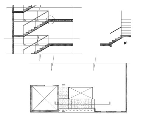 Plan And Sectional Detail Of Staircase D View Autocad File Brick