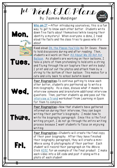 1st Week Of School Lesson Plans Teal Pencil