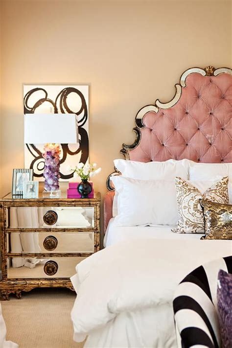 Follow the gentle curves and winsome style of the annabel diamond tufted performance velvet king headboard. Luxurious contemporary bedroom features a pink velvet ...