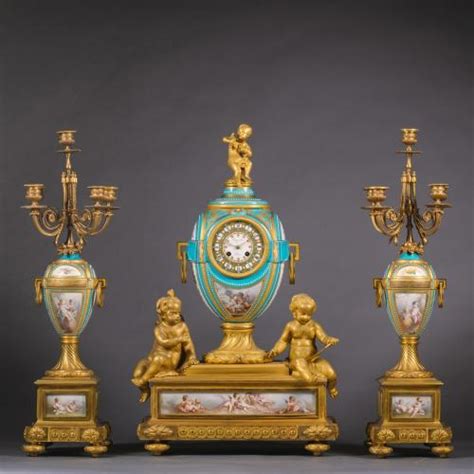 Napoléon Iii Sèvres Style Porcelain Three Piece Clock Garniture Bada