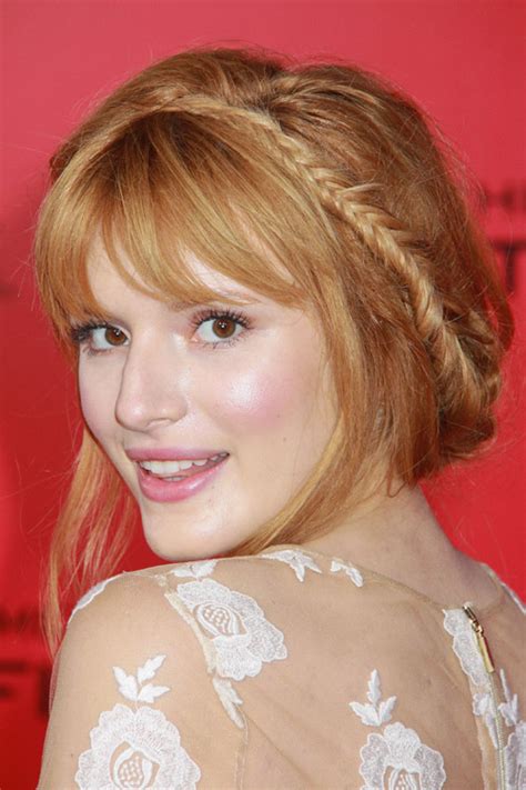 Bella Thorne Straight Ginger Choppy Bangs Crown Braid Updo Hairstyle Steal Her Style