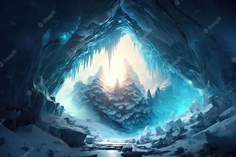Premium Ai Image A Frozen Cavern With A Towering Ice Formation