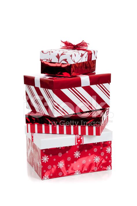 Stack Of Red And White Wrapped Christmas Presents Stock Photos