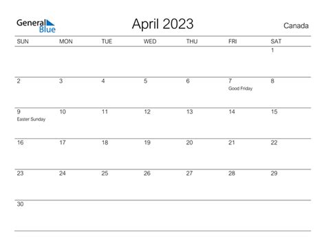 Canada April 2023 Calendar With Holidays