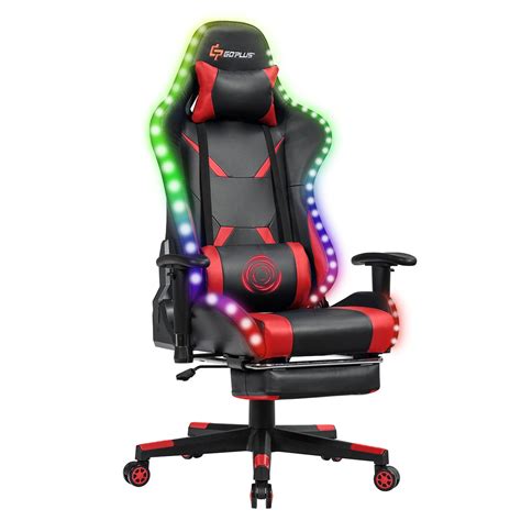 Goplus Gaming Racing Chair W Led Andmassage Lumbar Support Red