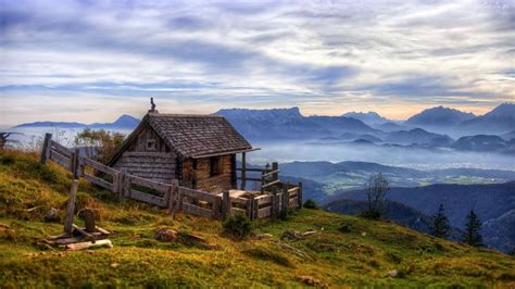 Mały Domek Góry Lasy Mgła Dolina Świt Austria Cabin In The