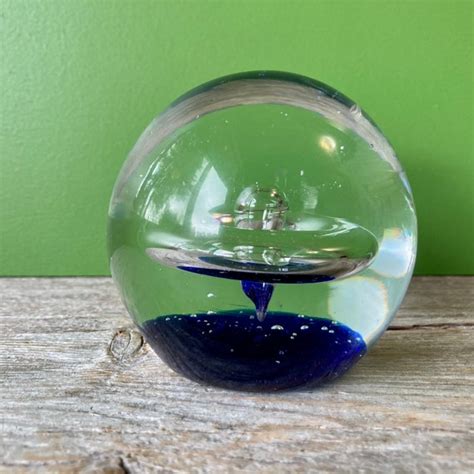 Art Glass Orbs Blue Bubble Glass Paperweight Vintage Glass Etsy