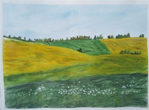 Original Watercolor Painting Of Hillsides Polina Shinkina © Etsy
