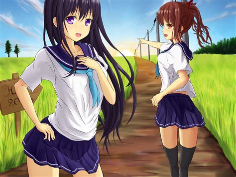 2girls Black Hair Brown Eyes Brown Hair Long Hair Monokuro