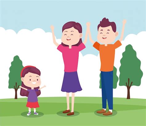 Desenhos Animados Feliz Mãe E Pai Com Sua Filha No Parque Vetor Premium