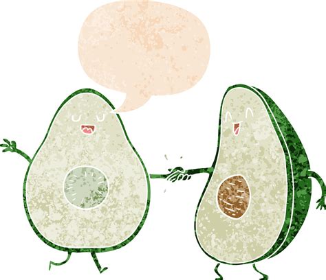 Cartoon Dancing Avocados And Speech Bubble In Retro Textured Style
