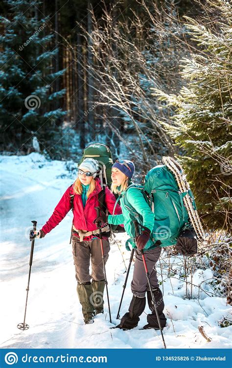 Two Smiling Women In A Winter Hike Stock Photo Image Of Mountain