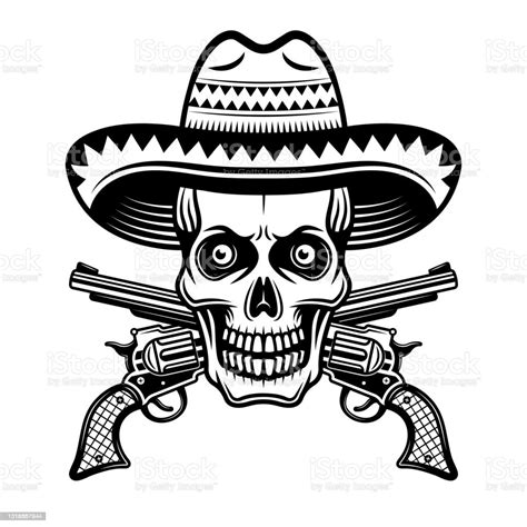 Skull In Mexican Sombrero Hat And Two Crossed Pistols Vector Illustration In Monochrome Vintage