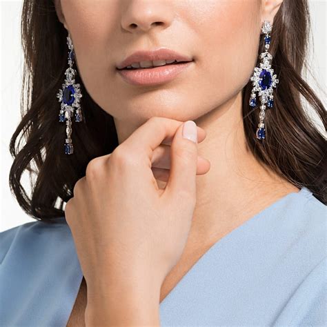 Palace Chandelier Pierced Earrings Blue Rhodium Plated Crystal