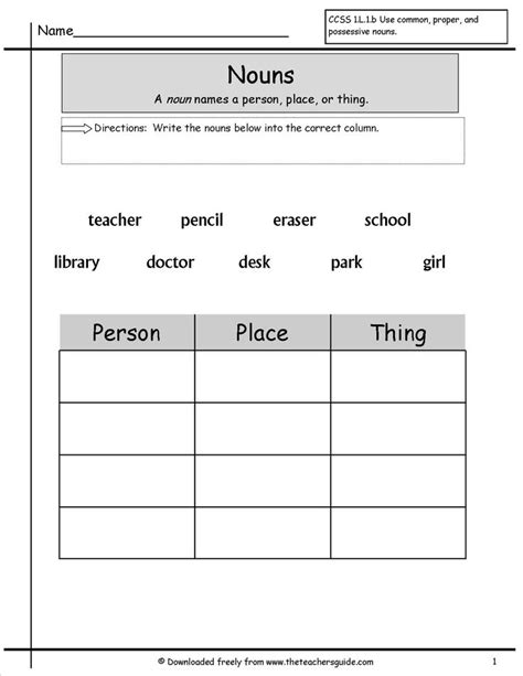 Free Grammar And Language Arts From The Teachers Guide Nouns