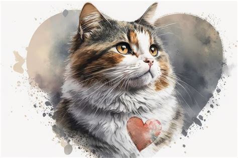 Cute Cat With A Heart Watercolor Style Ai Generative Stock