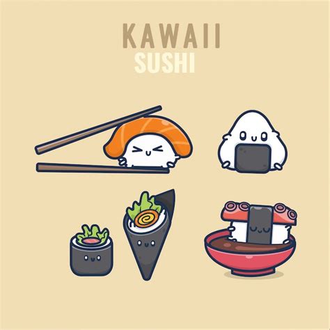 Sushi Kawaii Comida Japonesa Emoticon Emoji Conjunto De Ilustração