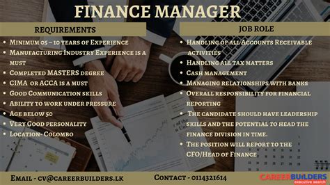 Create a detailed job ad with our finance manager job description and duties guide. Finance Manager job vacancy at Career Builders (Pvt) Ltd ...