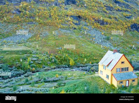 Typical Norwegian Cottage In Mountains Near Flam Railway Stock Photo