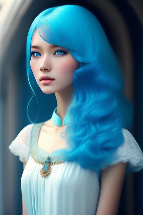 Lexica Girllight Blue Hair Blue Eyes White Skin Drees Blue Hair Long Small Nose