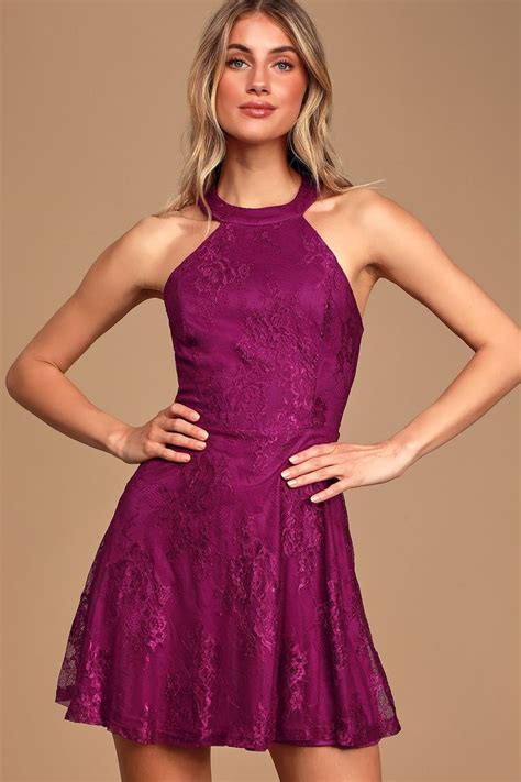 Truly Stunning Dark Magenta Lace Skater Dress Lace Skater Dress Pretty Midi Dresses Cute