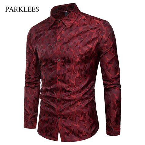 Buy Mens Silk Satin Dress Shirts 2019 Spring Wine Red