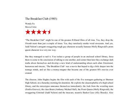 A decent movie review should entertain, persuade and inform, providing an original opinion use plenty of examples to back up your points. The Breakfast Club - Film Review - GCSE English - Marked ...