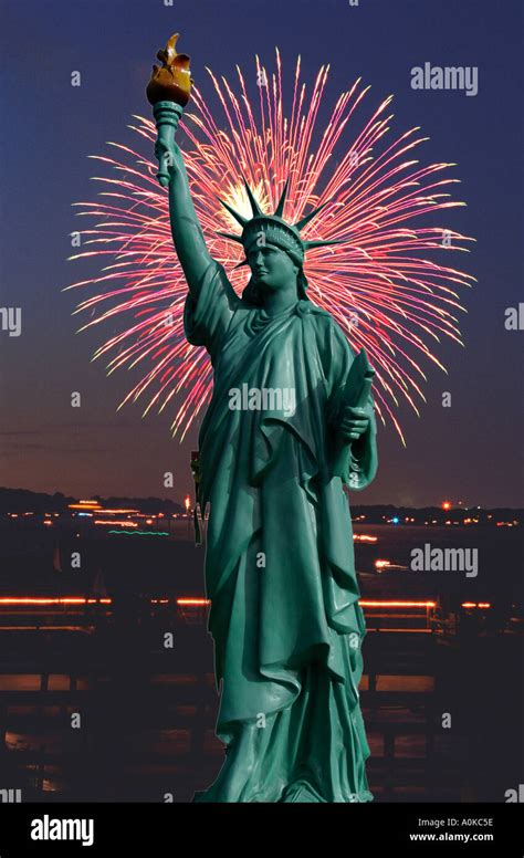 Fireworks With Statue Of Liberty In Foreground New York City Stock