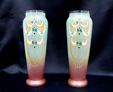 Two Antique Art Nouveau Glass Vases Handpainted Pair Of Art Etsy Antique Art Art Nouveau