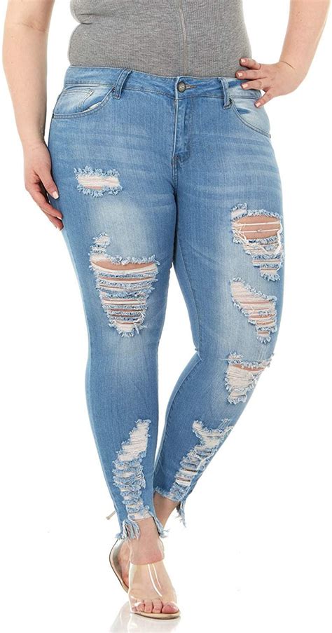 Jeans Size Plus Ripped Skinny Wash Blue Denim Distressed Stretch Womens