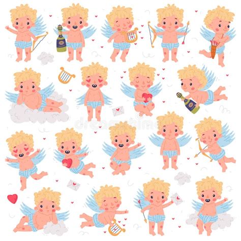 Cute Baby Cupid Flying With Wings Collection Blond Little Boy Angel