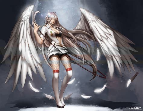 Wallpaper Illustration Gun Long Hair Anime Girls Wings Angel