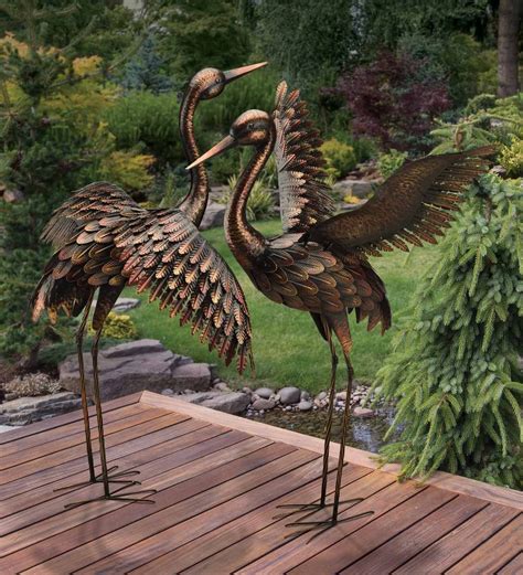 Large Bronze Patina Flying Crane Pair Sculpture Heron Bird Yard Art
