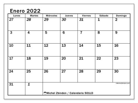 Calendarios Enero 2022 “lunes Domingo” Michel Zbinden Es