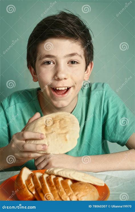 Boy With Bread Close Up Happy Portrait Stock Image Image Of Diet