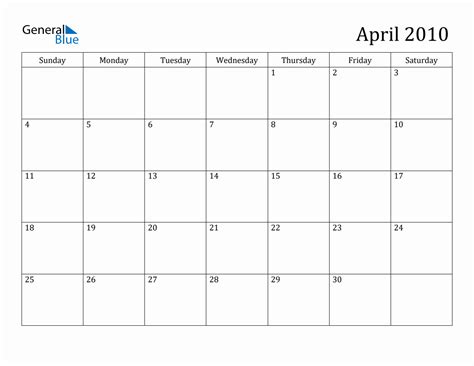 April 2010 Monthly Calendar