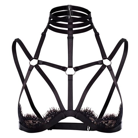 Womens Sexy Sheer Lace Caged Bra Bondage Lingerie Elastic Adjust Back Tops Body Harness Goth