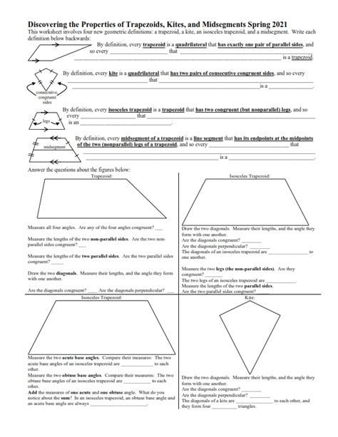 Discovering The Properties Of Trapezoids Kites And Midsegments With