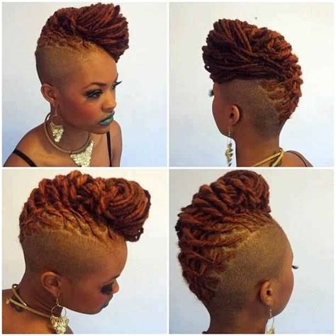 You have to take a twisty, braided, knotted and cool feathered selective hairstyle to get this trendy mohawk look. Dreadlock Mohawk Hairstyle for Women | Locs & Shaved Sides ...