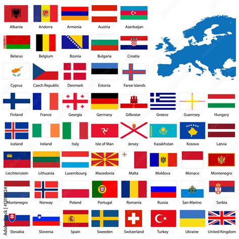 Official List Of All European Country Flags And Map Vector De Stock