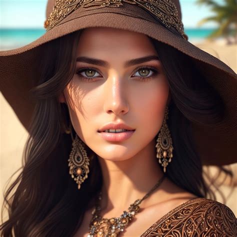 Premium Ai Image Pretty Brunette Woman Wearing An Exotic Hat On The Beach Generative