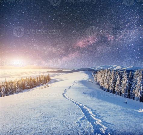 Starry Sky In Winter Snowy Night Fantastic Milky Way 6844011 Stock