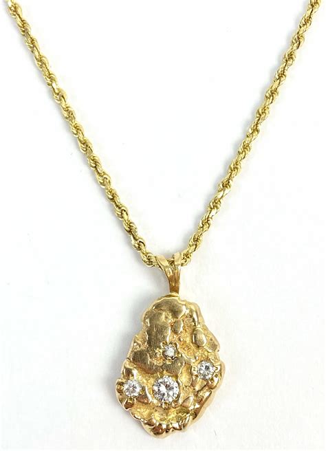 Lot 14k Yellow Gold Nugget And Diamond Pendant Necklace