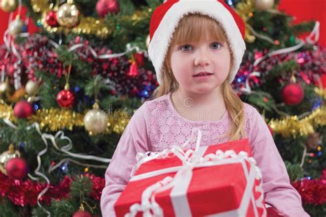 Little Girl Smiling With Present Near The Christmas Tree Stock Image