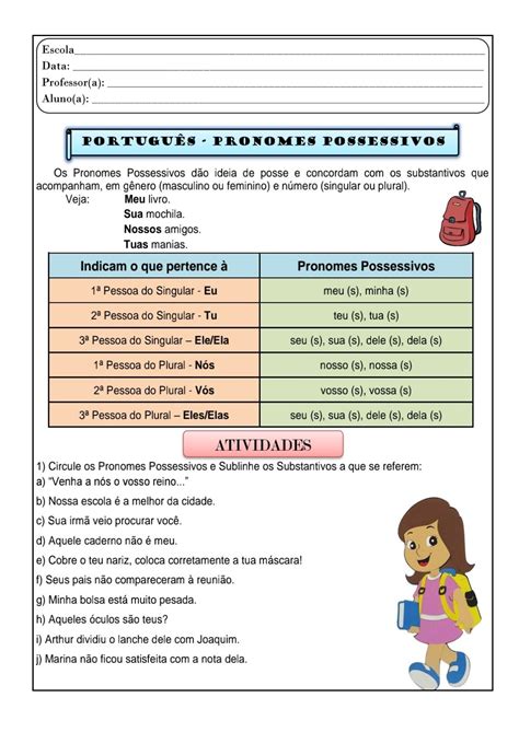 Língua Portuguesa pronomes possessivos Atividade de língua portuguesa para trabalhar pronomes