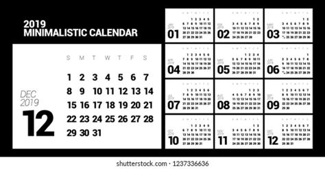 Minimalistic Calendar 2019 Year Horizontal Vector Stock Vector Royalty