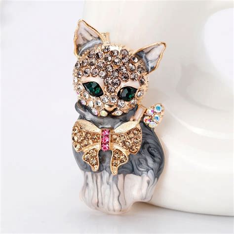 Emaille Katze Broschen Für Frauen Mode Strass Elegante Kitty Etsy