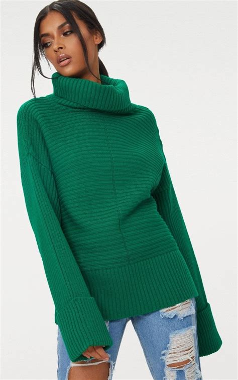 Emerald Green Extreme Sleeve Roll Neck Jumper Roll Neck Jumpers Roll Neck Roll Neck Top